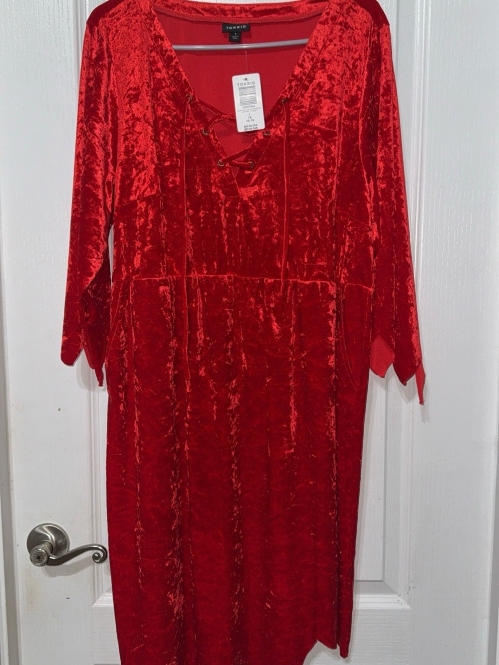 torrid Red Crushed Velvet Lace-Up Long Sleeve Dress